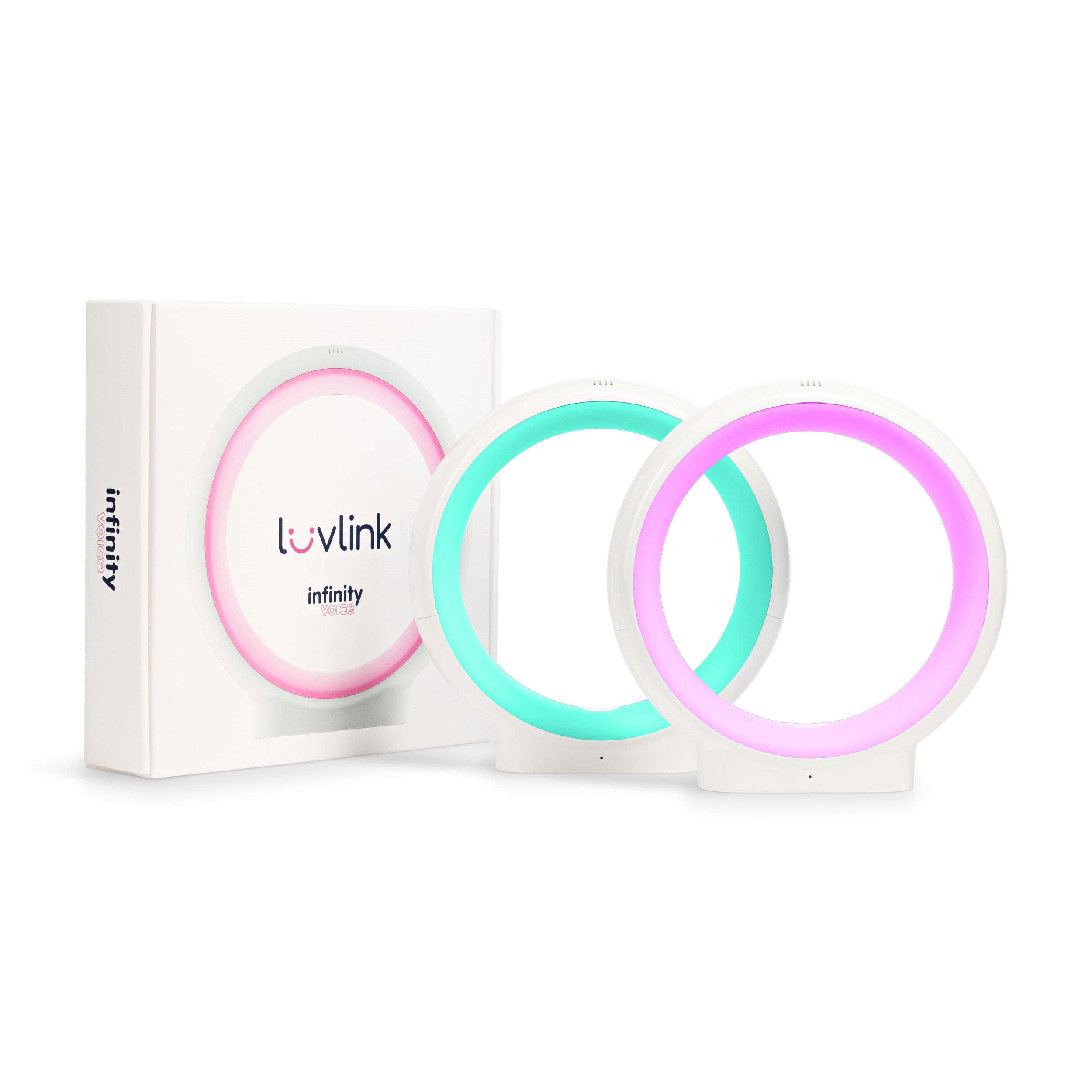 LuvLink Infinity friendship lamp set showing three circular ring lamps in pink, turquoise, and magenta with white bases.