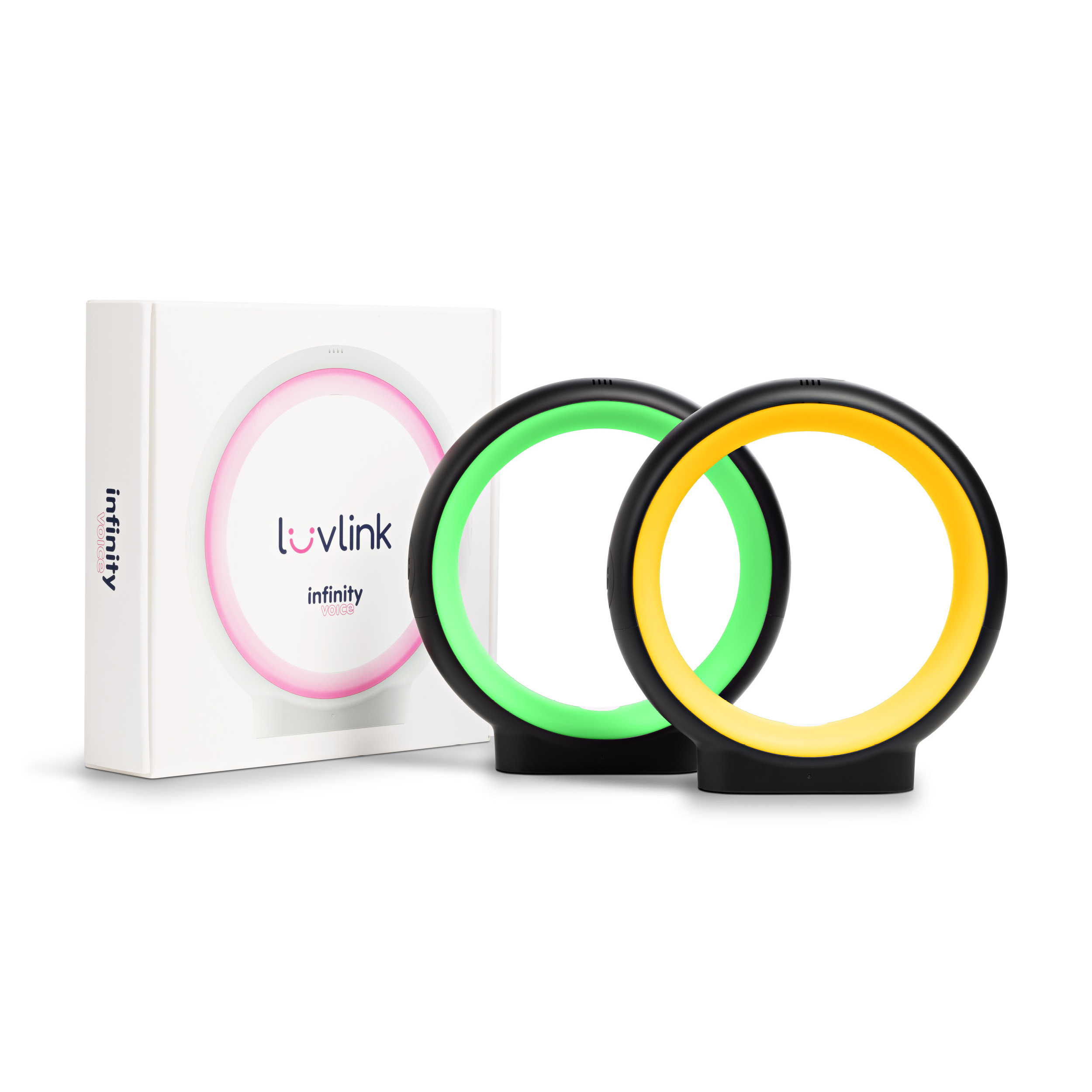 LuvLink Infinity friendship lamps in pink, green, and yellow displaying the product packaging and three illuminated ring-shaped devices.