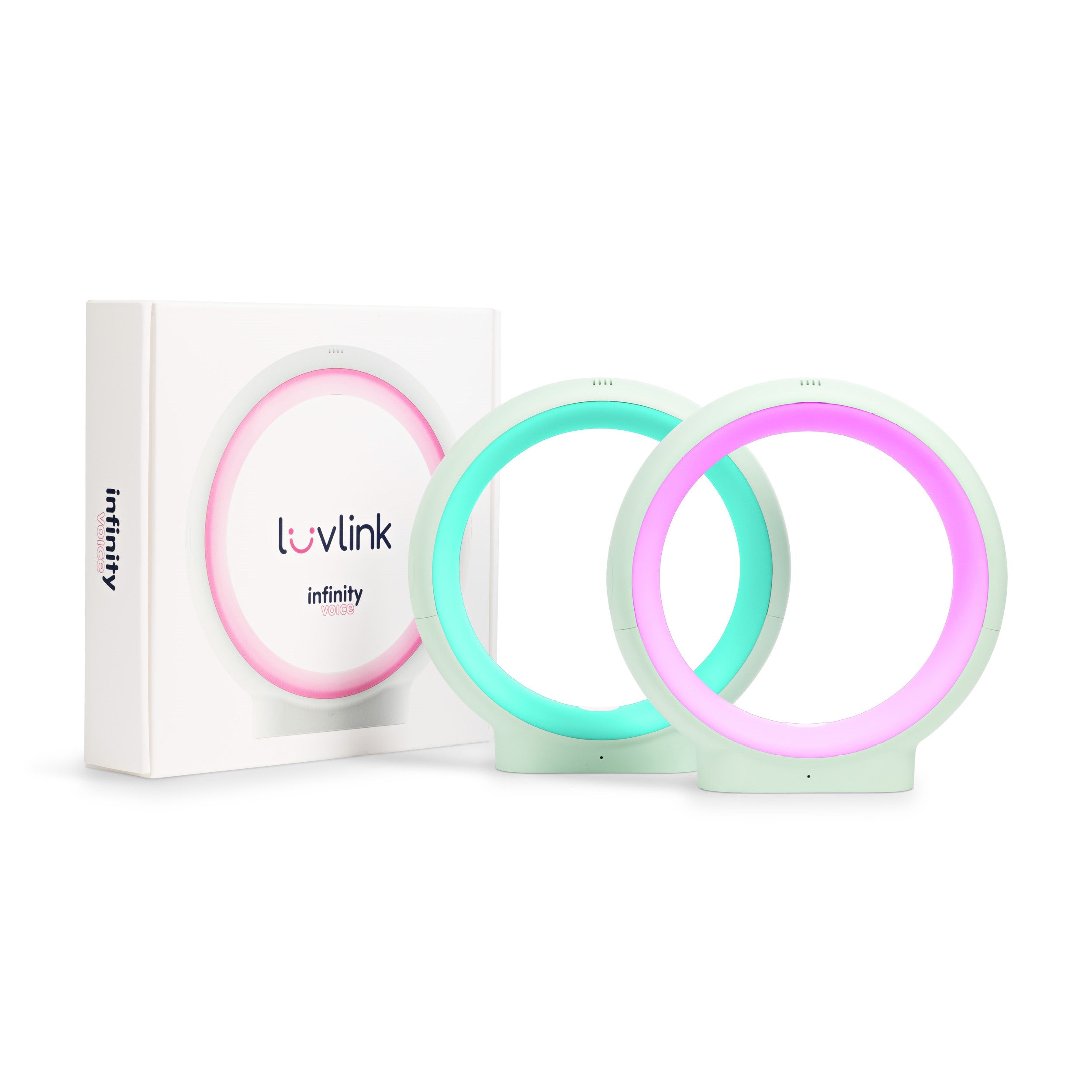 LuvLink Infinity friendship lamps displaying pink, turquoise, and magenta color options with white packaging box.
