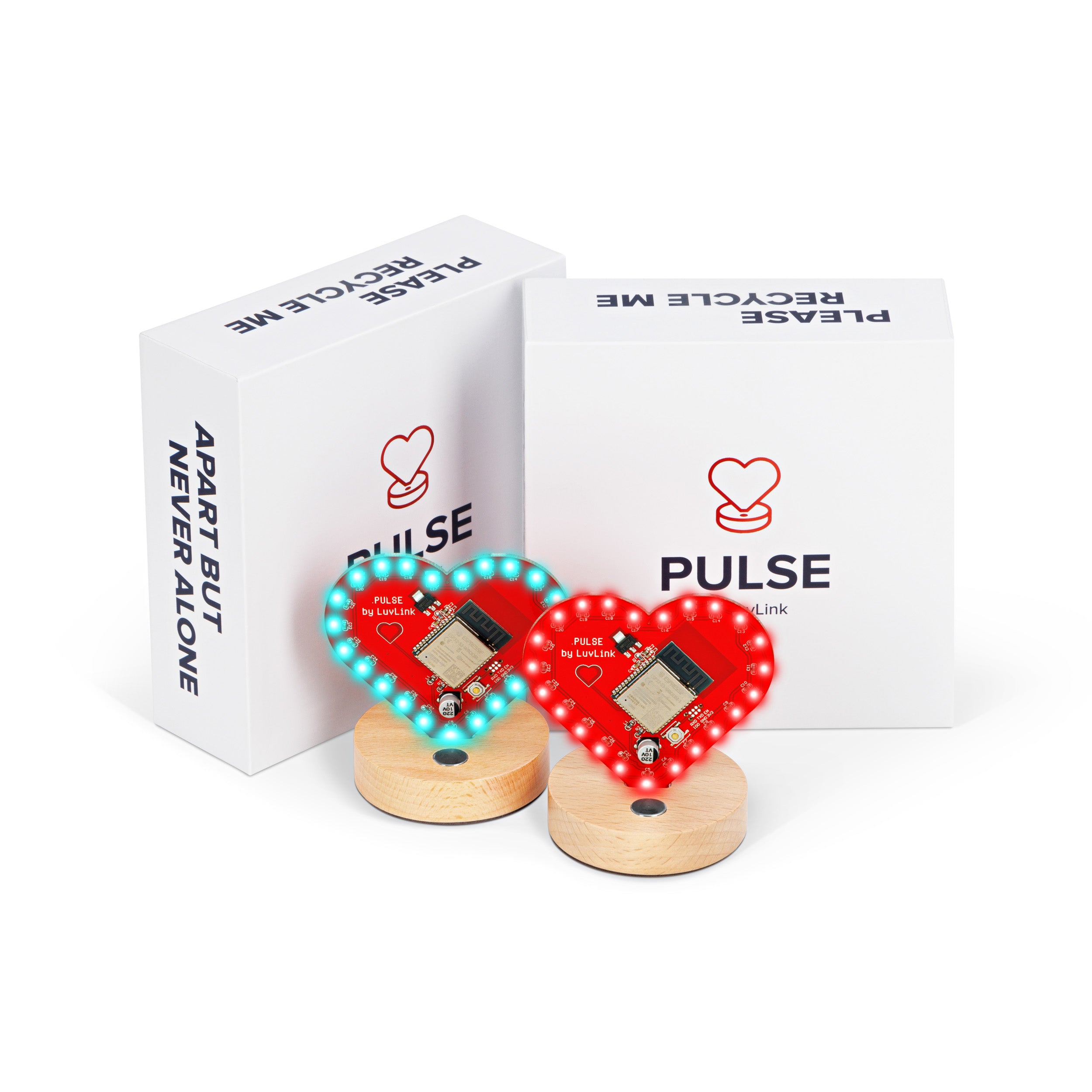 Red and turquoise Pulse friendship lamps with wooden bases displayed with product packaging.