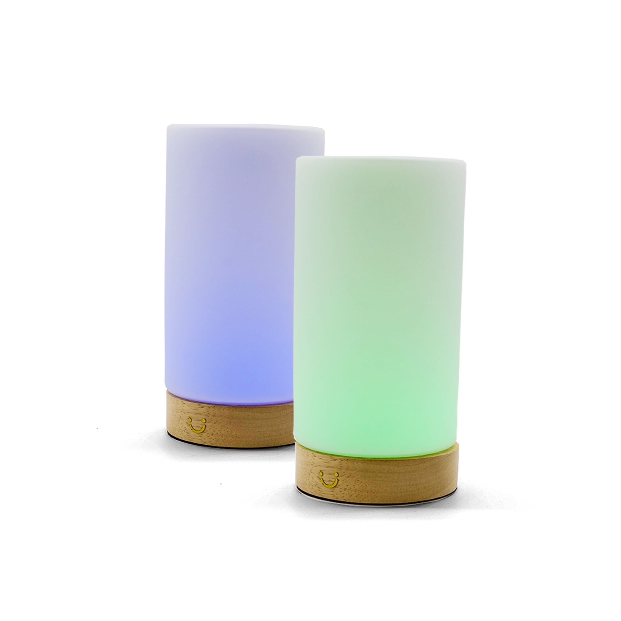 Two friendship lamps glowing blue and green with wooden bases.