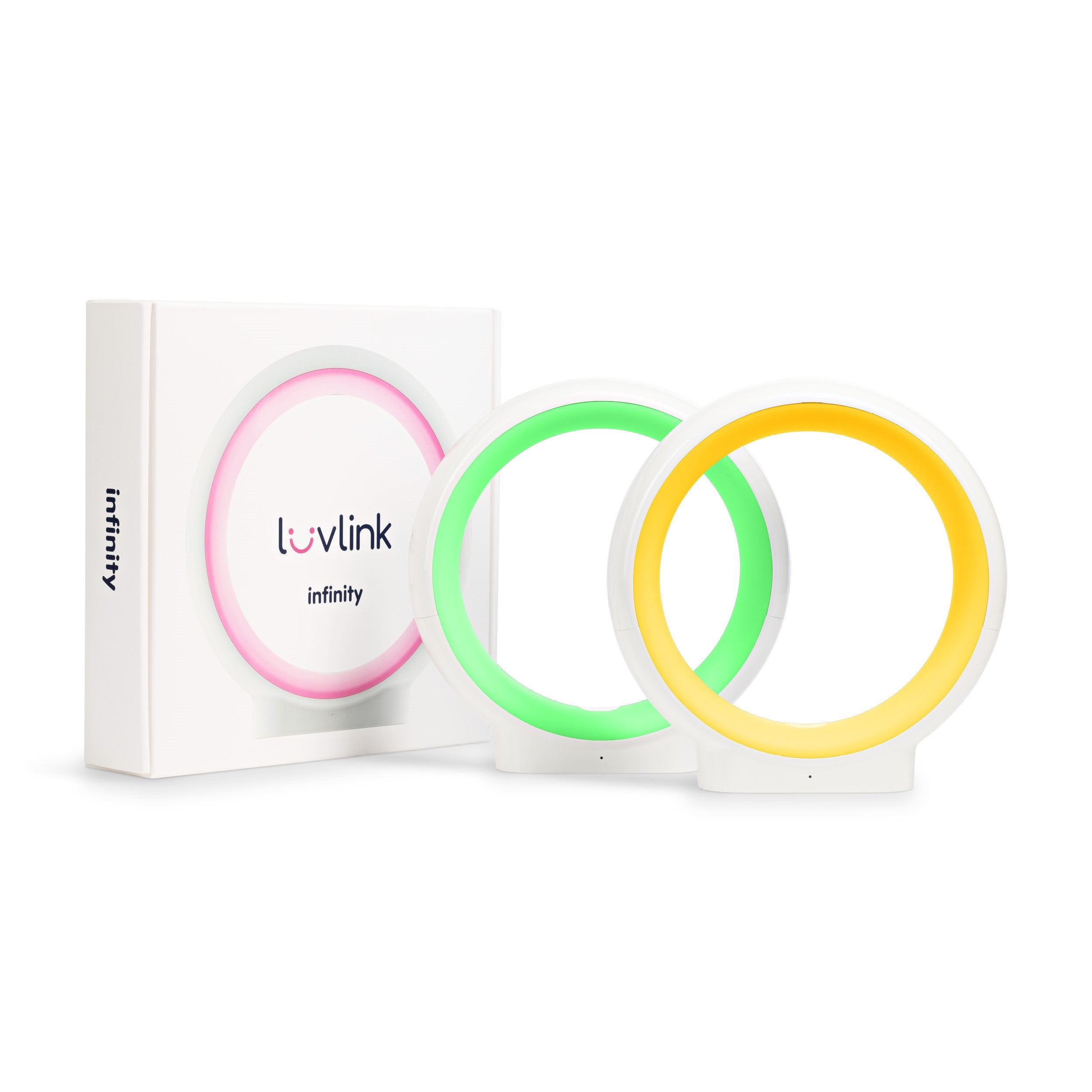 Three glowing LuvLink Infinity friendship lamps in pink, green, and yellow arranged together on white stands next to product packaging.