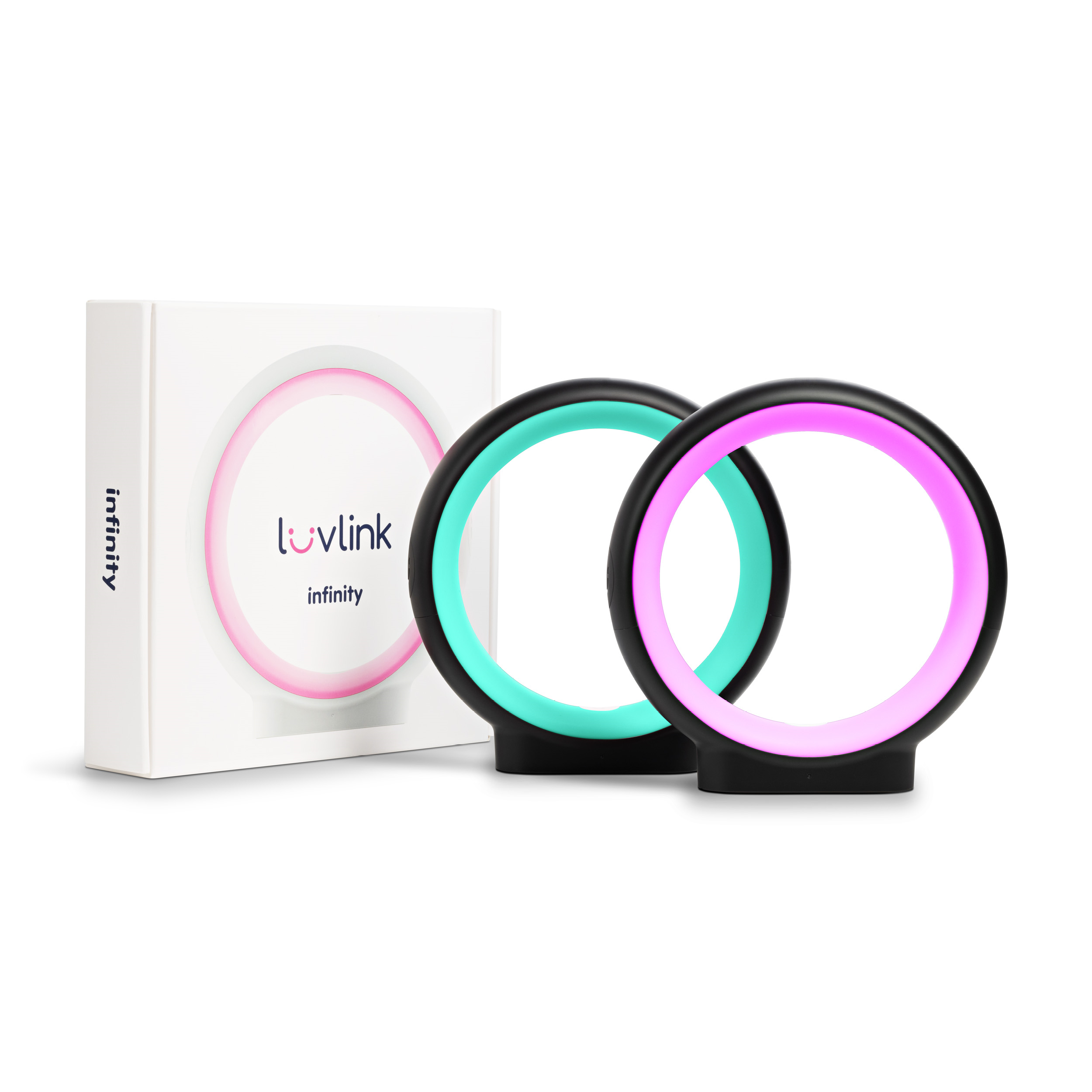 Three LuvLink Infinity friendship lamps in pink, turquoise, and magenta with black bases, displayed next to their white product box.