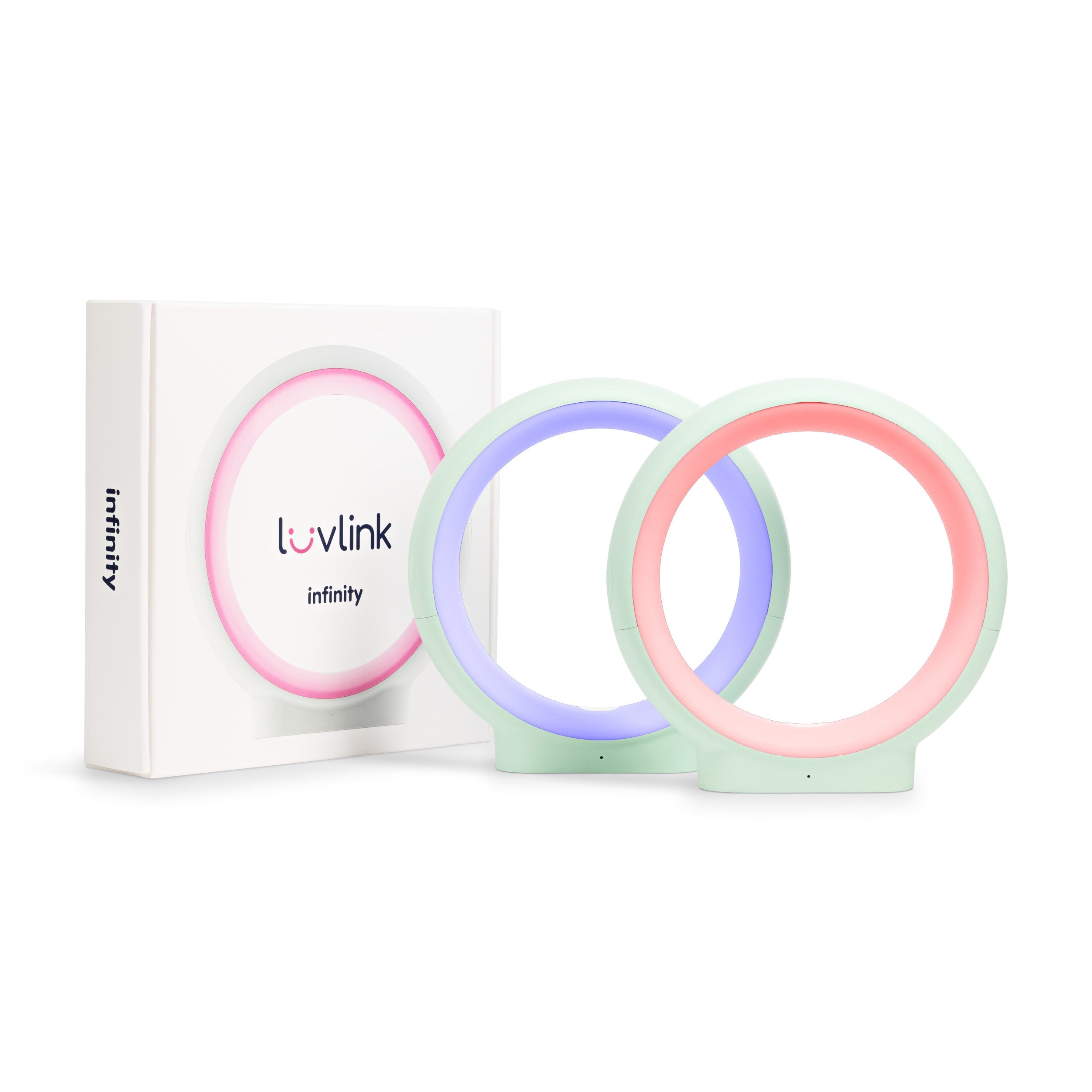Three LuvLink Infinity friendship lamps displaying pink, blue, and coral color-changing rings with their white product box.